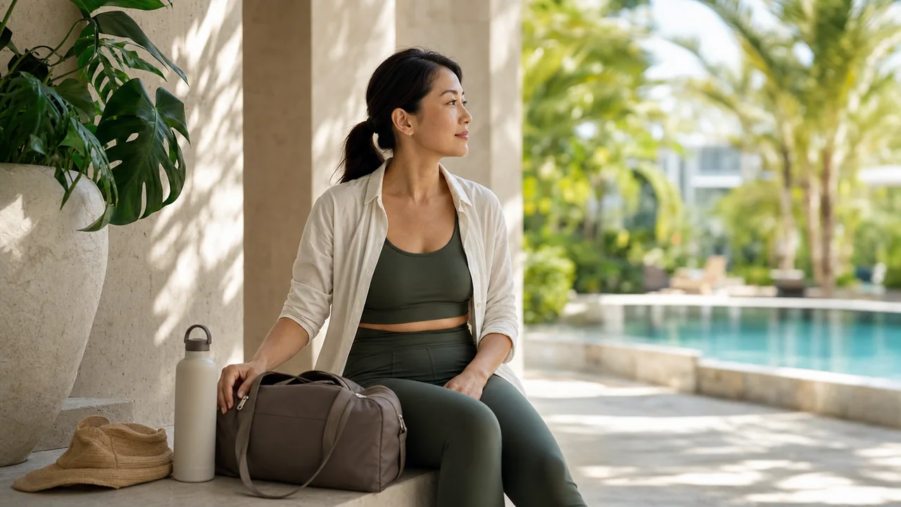 Woman resting on a shaded Miami terrace with a gym bag and swimming pool nearby.