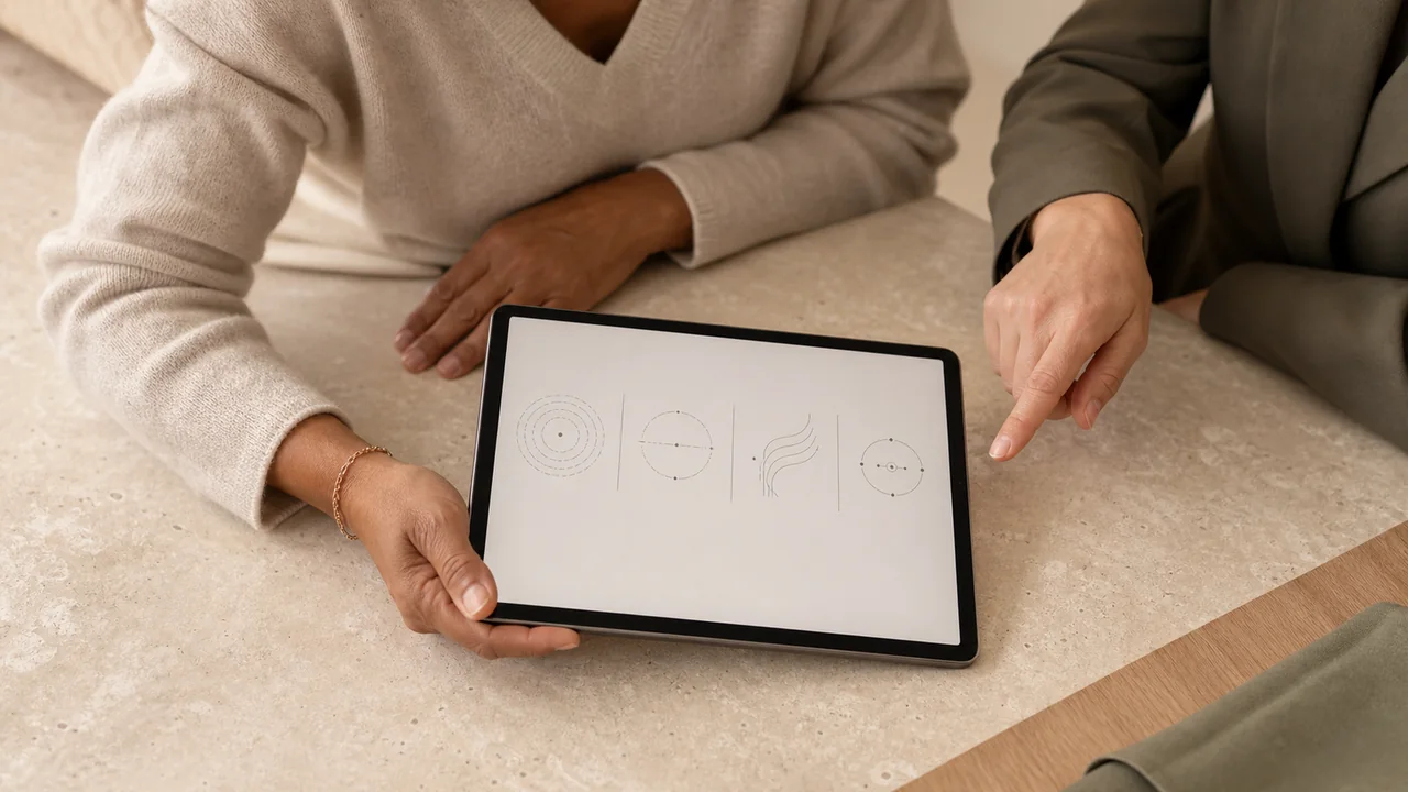 Two women reviewing four neutral healthcare options on a tablet during a consultation.