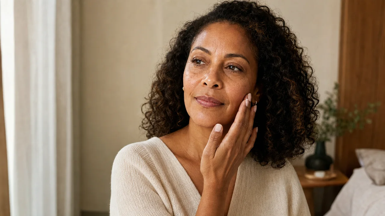 Confident mature woman observing her natural skin in soft window light.