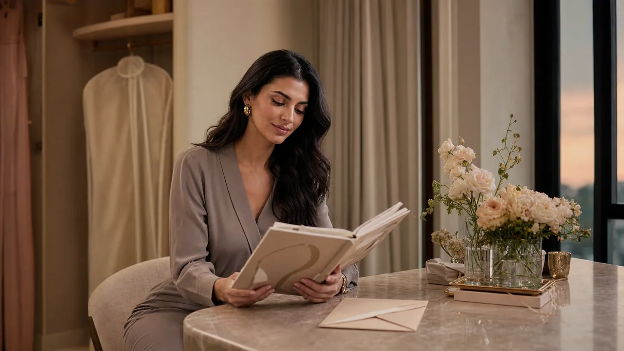 Woman reviewing an event planner beside neutral flowers, an invitation envelope, and a garment bag.