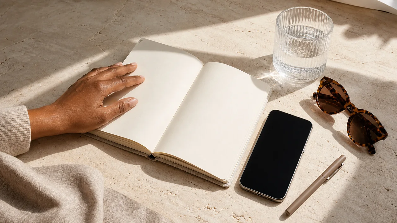 Blank planner, phone, water glass and sunglasses arranged on a stone table for appointment preparation.