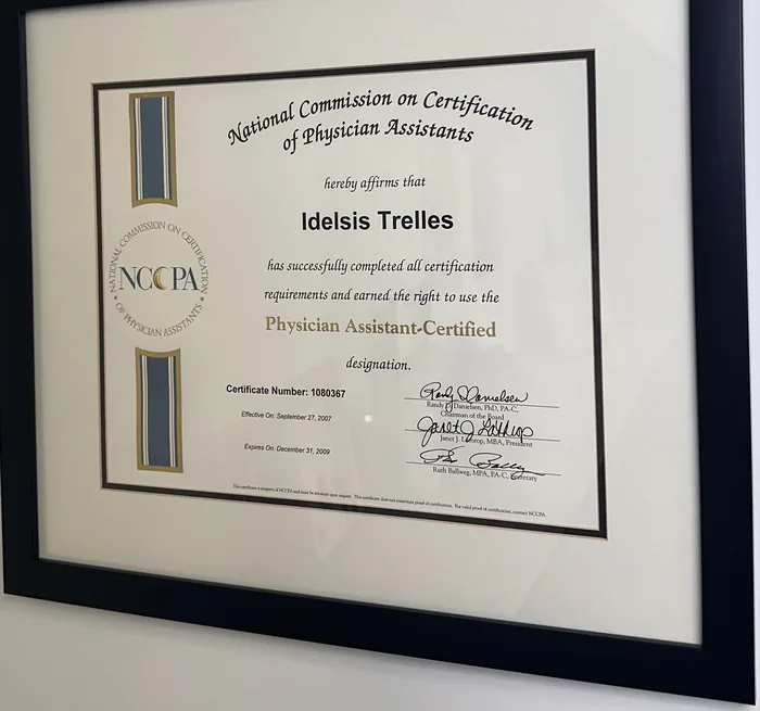 Idelsis Trelles&rsquo;s NCCPA certificate, Physician Assistant-Certified, effective September 2007